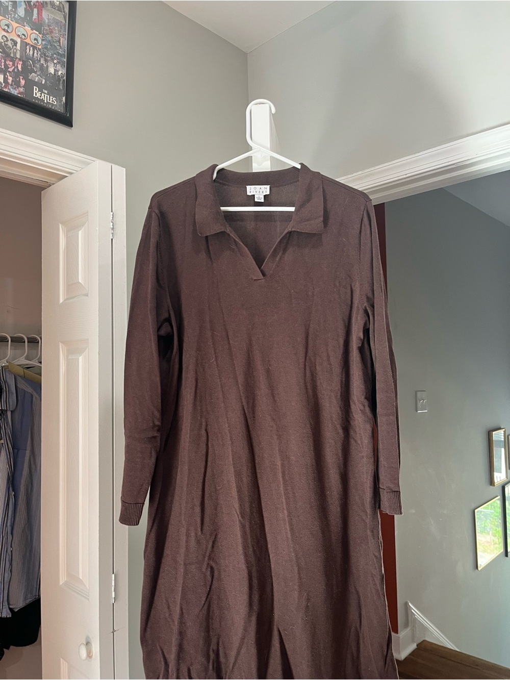 Eileen Fisher Chocolate Brown Long-Sleeve Collared Knit Dress